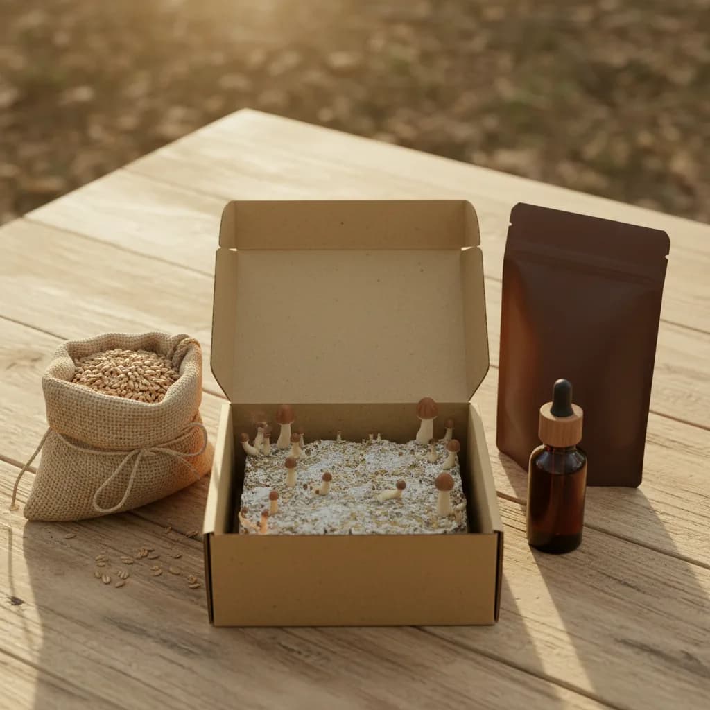 Nature Lion product range — spawn, coffee, supplements, grow kits