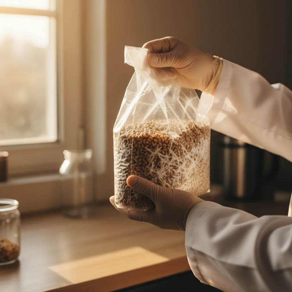 Hands inspecting grain spawn quality at Nature Lion lab