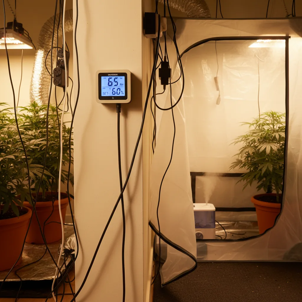 Inkbird humidity controller mounted on a Martha tent with mushroom blocks fruiting on shelves