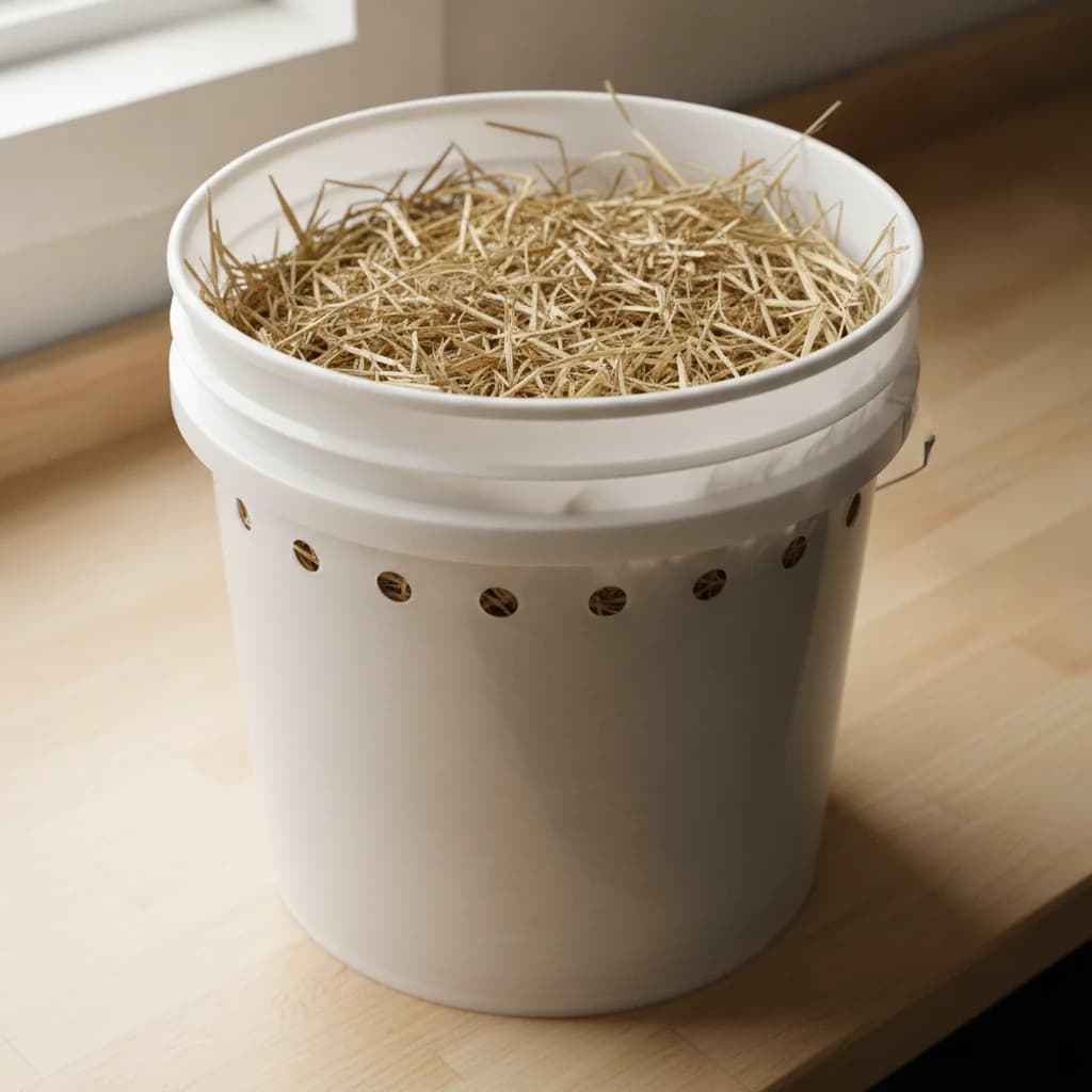 Minimal bucket tek setup with straw packed into a drilled food-safe bucket on a wooden bench for growing oyster mushrooms at home.