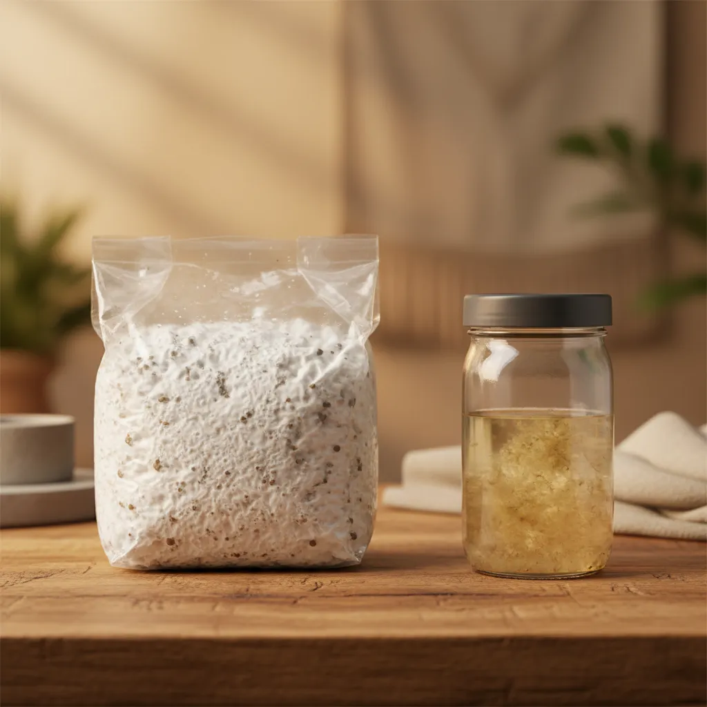 Grain spawn bag and liquid culture syringe side by side on a wooden surface for comparison