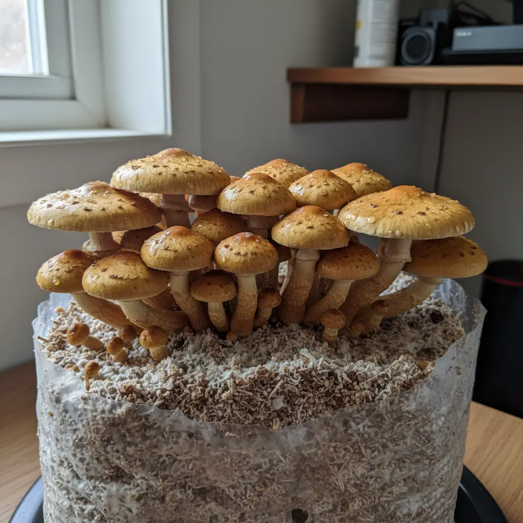 Cluster of golden-brown chestnut mushrooms fruiting from a supplemented sawdust block