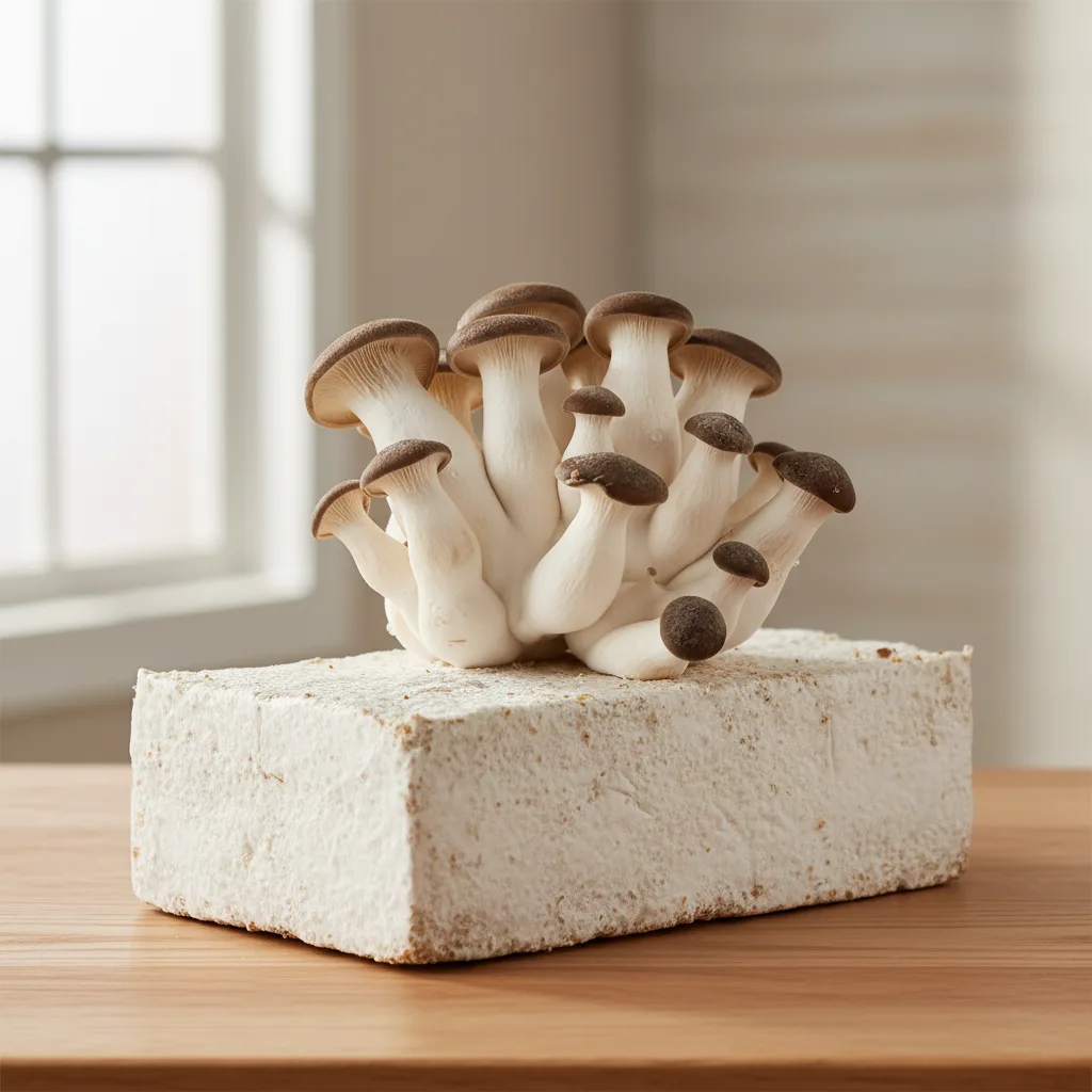 Thick white king oyster mushrooms with small brown caps growing from a supplemented hardwood sawdust block