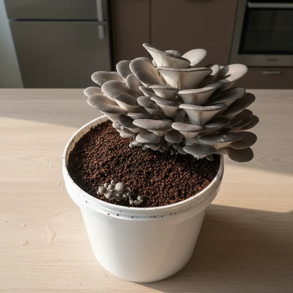 Fresh oyster mushrooms growing from a bucket of used coffee grounds in a home kitchen
