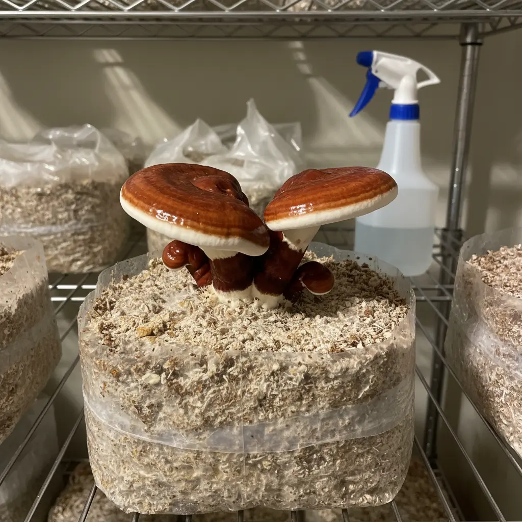 Reishi mushroom conk growing on a supplemented hardwood sawdust block with glossy red-brown cap