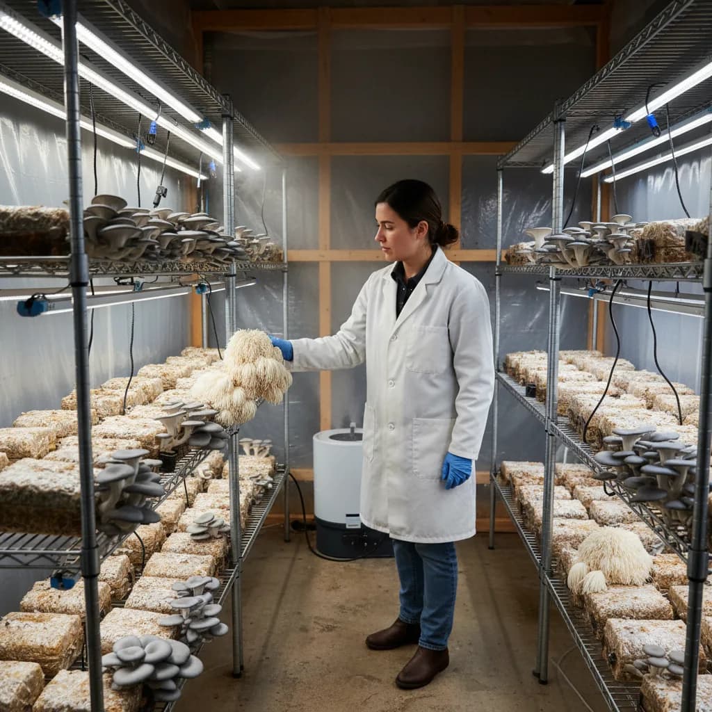 Inside a Canadian mushroom farm with fruiting rooms and shelving units full of mushroom grow blocks