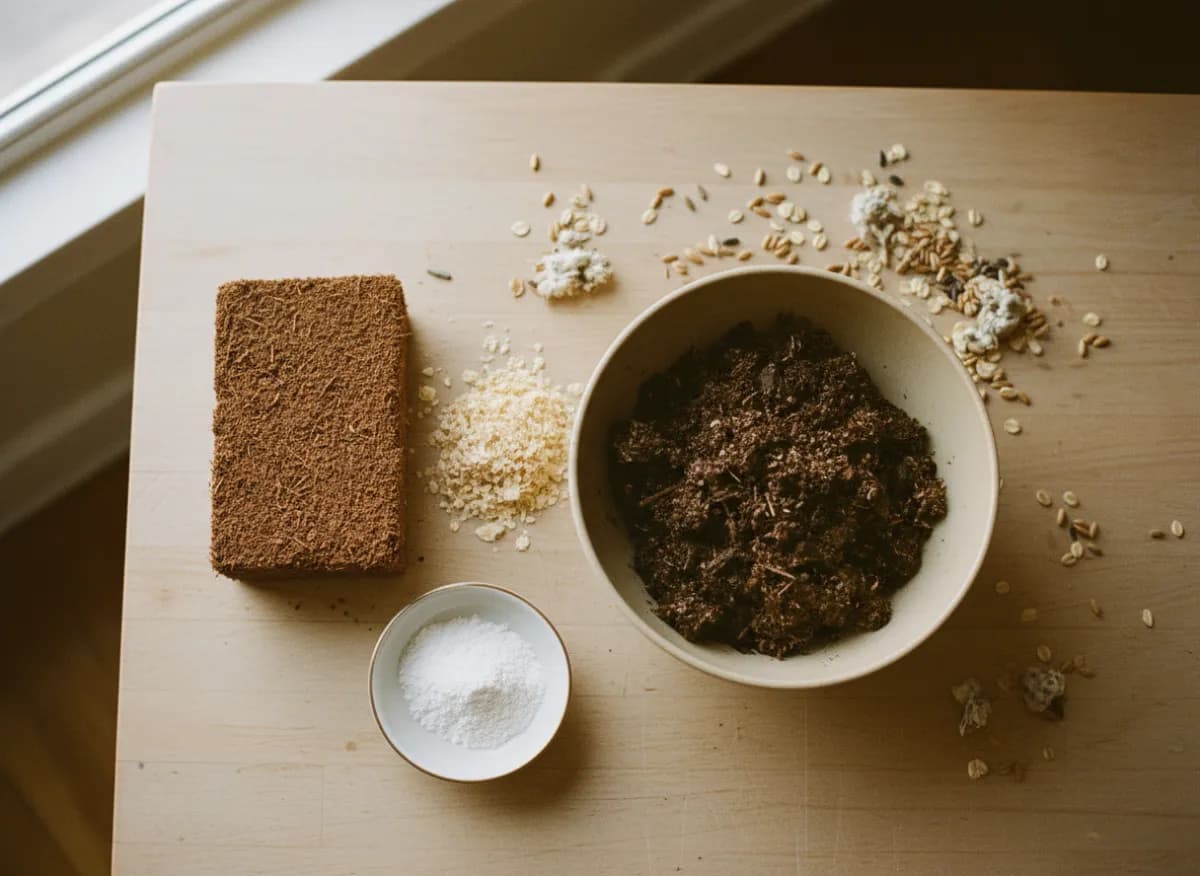 Mixing coconut coir, vermiculite, and manure for mushroom substrate