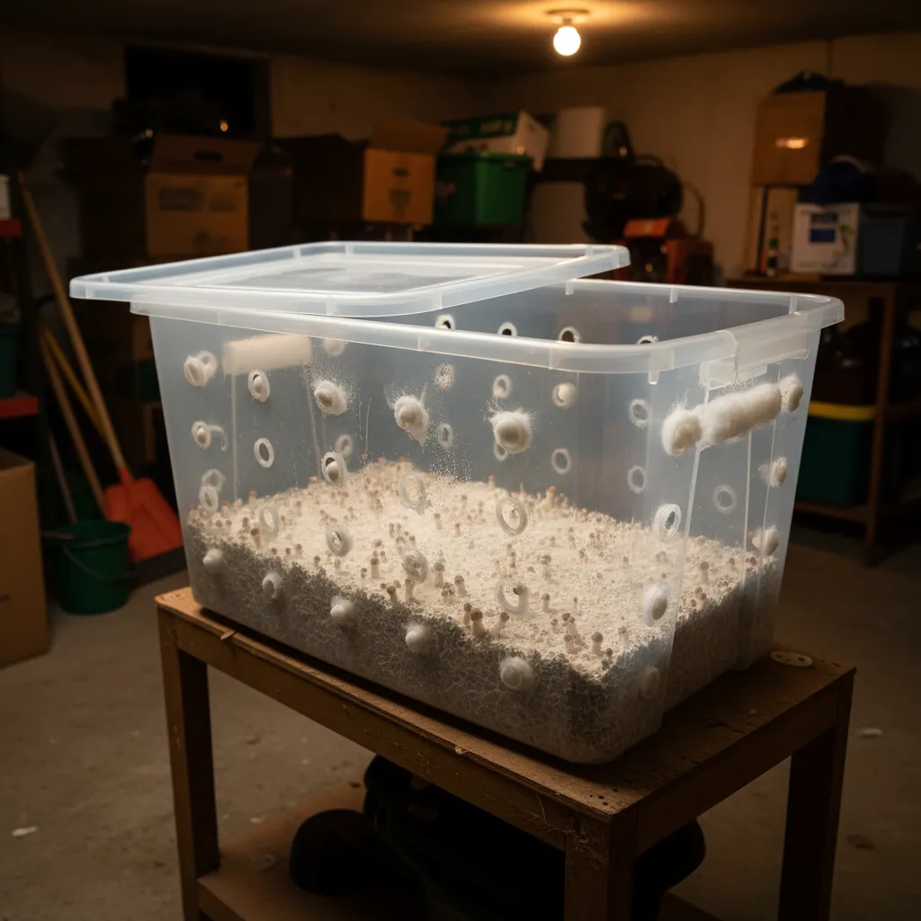 A clear monotub fruiting chamber with mushroom pins forming on the substrate surface