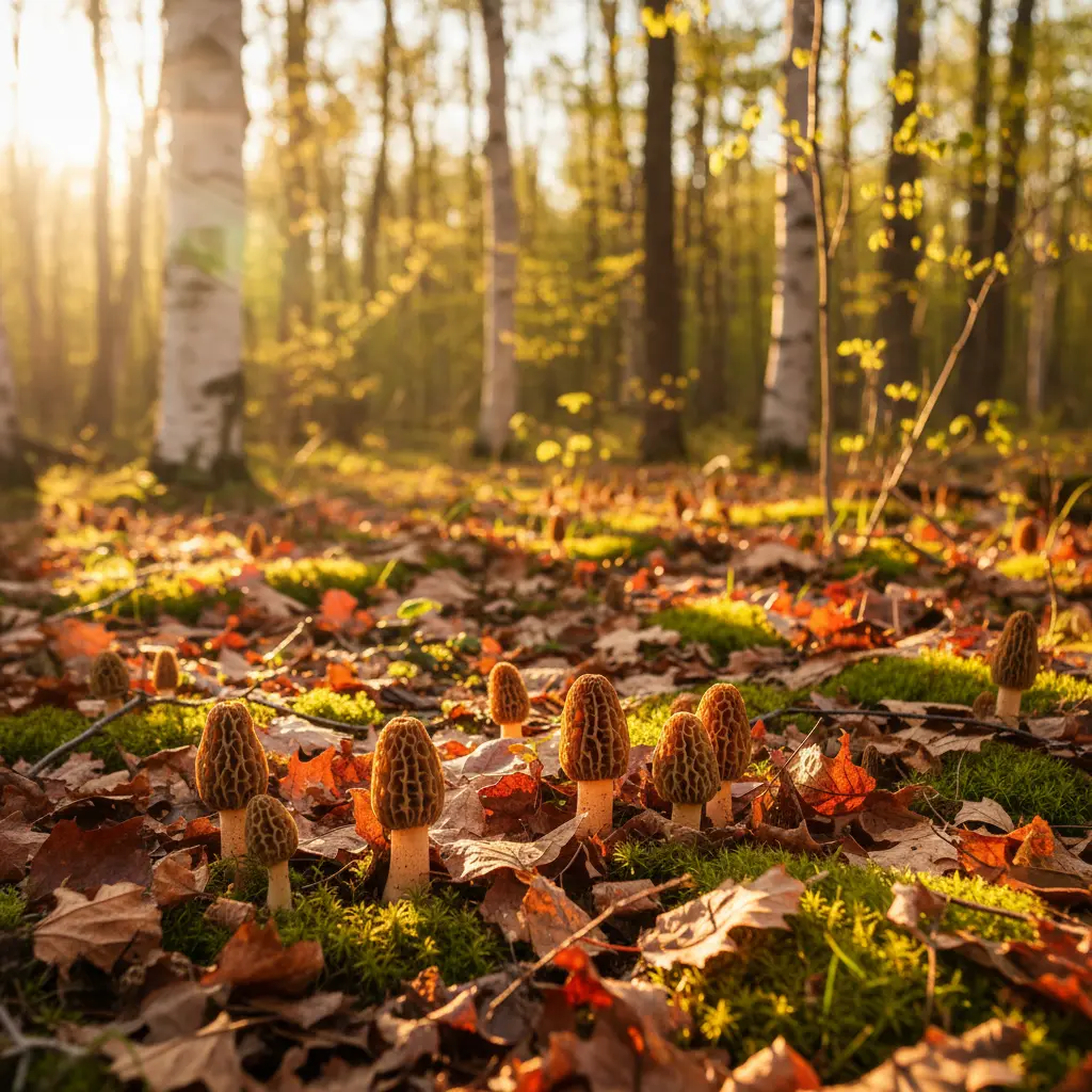 Wild morel mushrooms growing on a forest floor in a Canadian woodland during spring