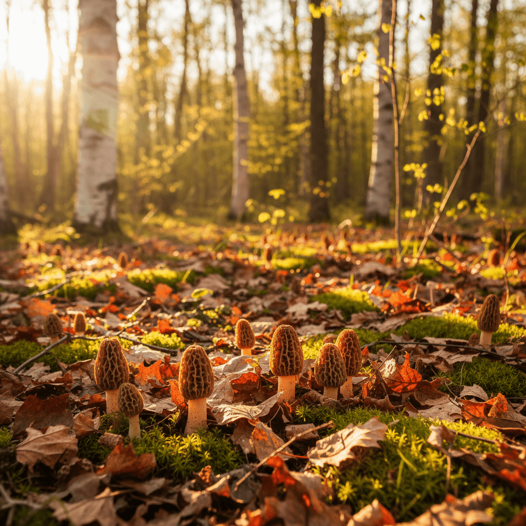 Wild morel mushrooms growing on a forest floor in a Canadian woodland during spring