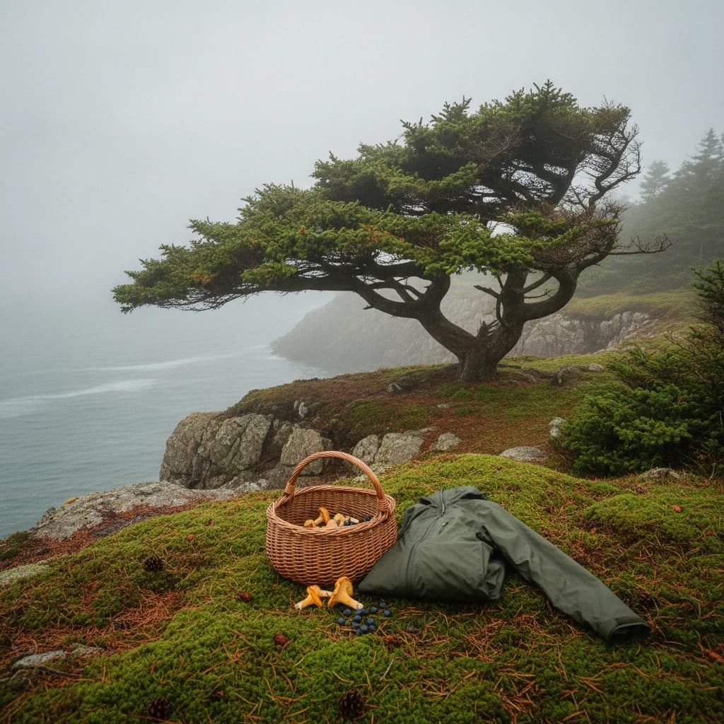Foggy Atlantic Canada spruce trail with an empty wicker basket placed on the path for a quiet foraging scene.