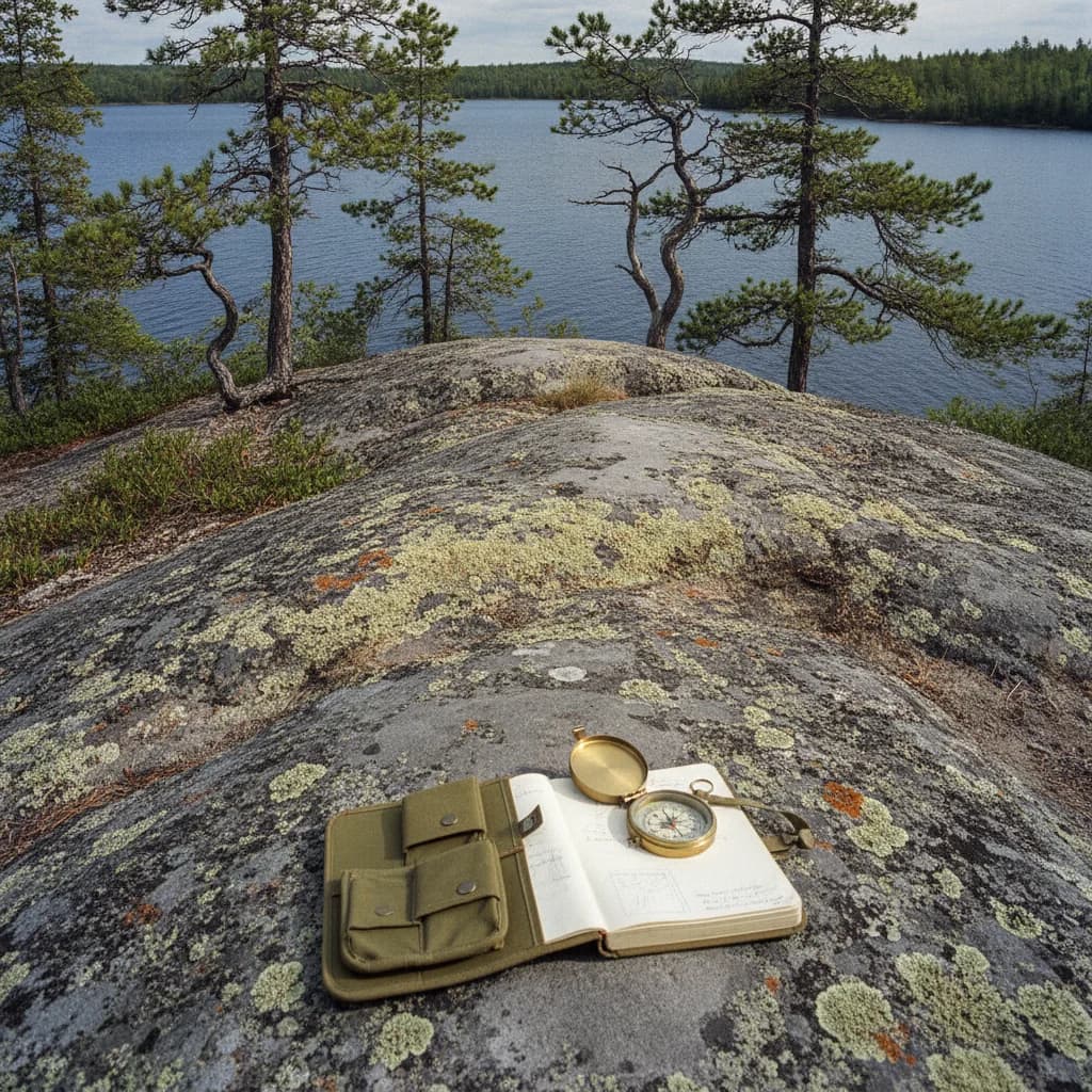 Compass resting on a fallen aspen log in Manitoba mixed boreal forest with soft green understory.