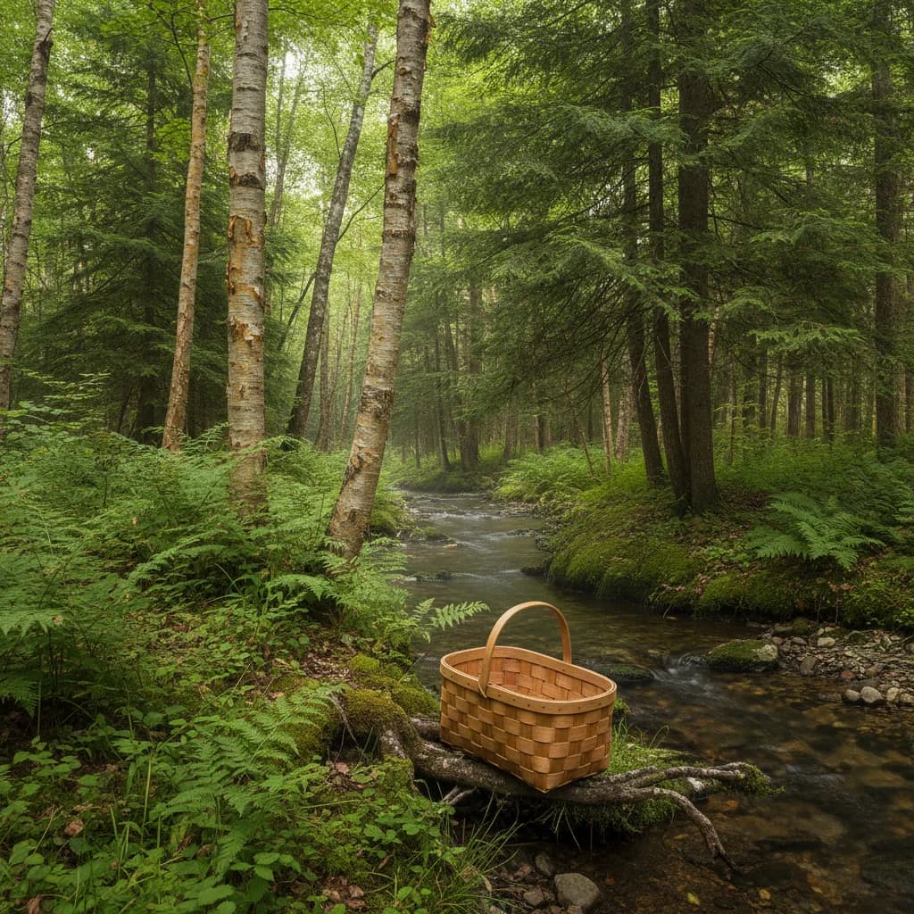 Acadian mixed-wood forest path in New Brunswick with a small wicker basket on moss in filtered light.