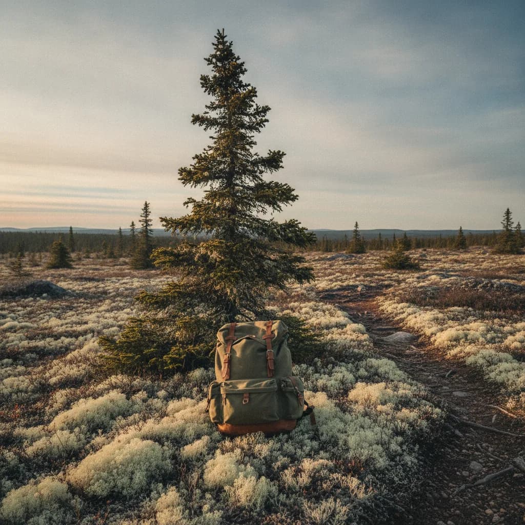 Backpack on pale lichen near black spruce at the edge of northern Canadian boreal and tundra habitat.