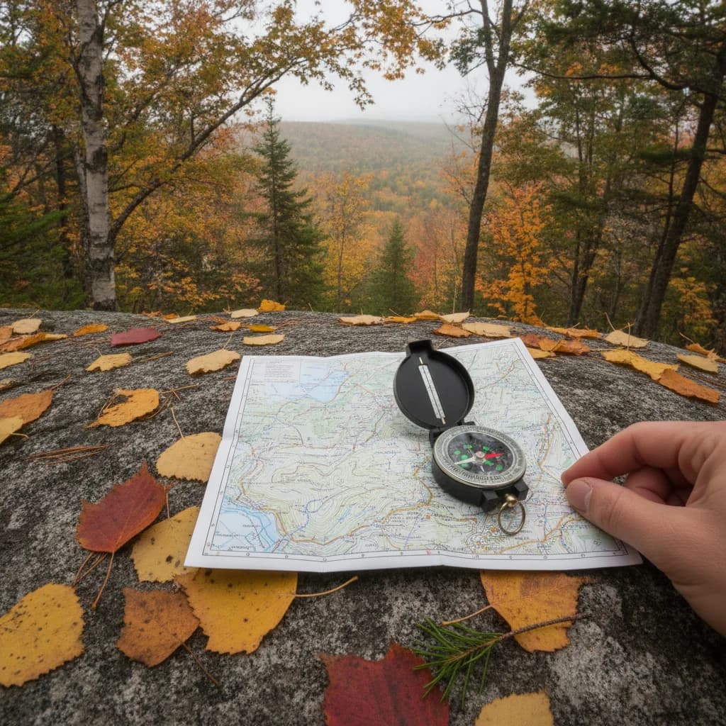 Laurentian Quebec mixed forest trail with yellow birch, maple leaves, and a wicker basket in early autumn light.