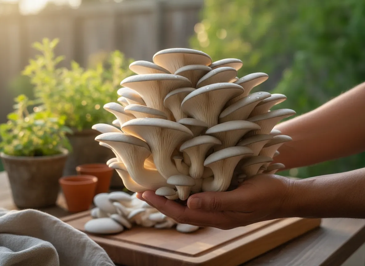 Mushrooms fruiting from a grow kit on second flush