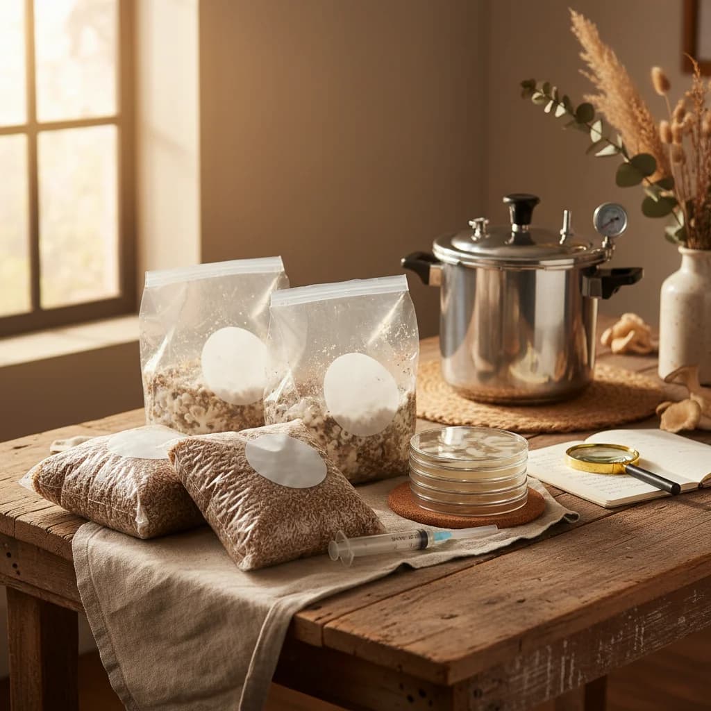 Mushroom growing supplies including grain spawn, grow bags, and agar plates