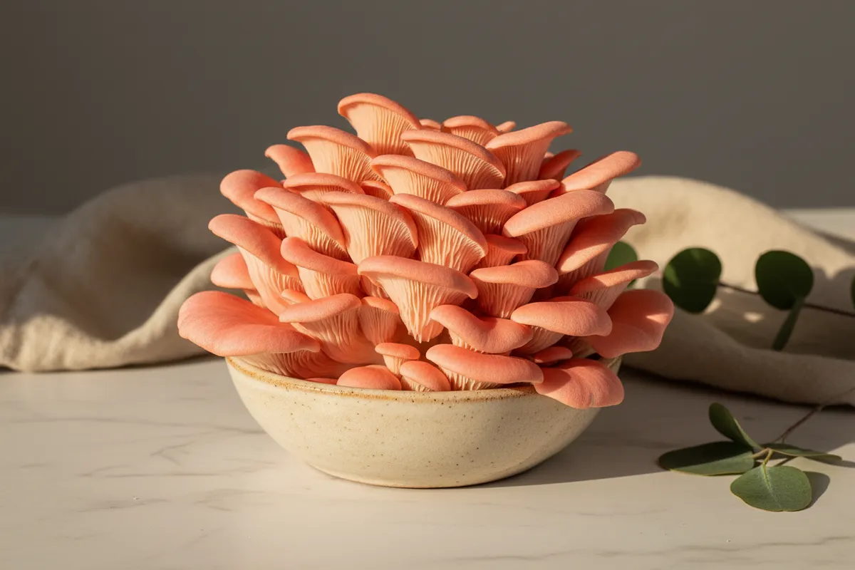 Vibrant pink oyster mushrooms fruiting from a grow bag in warm indoor conditions
