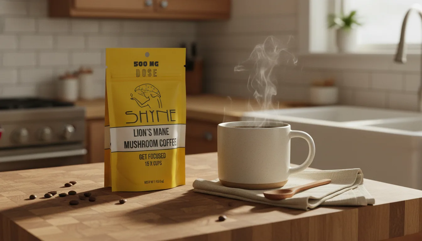 Fresh cup of Shyne mushroom coffee on a bright kitchen counter