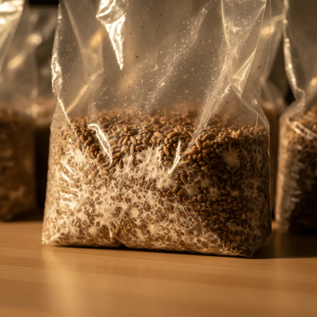 Mushroom grain spawn bags on organic millet from Nature Lion