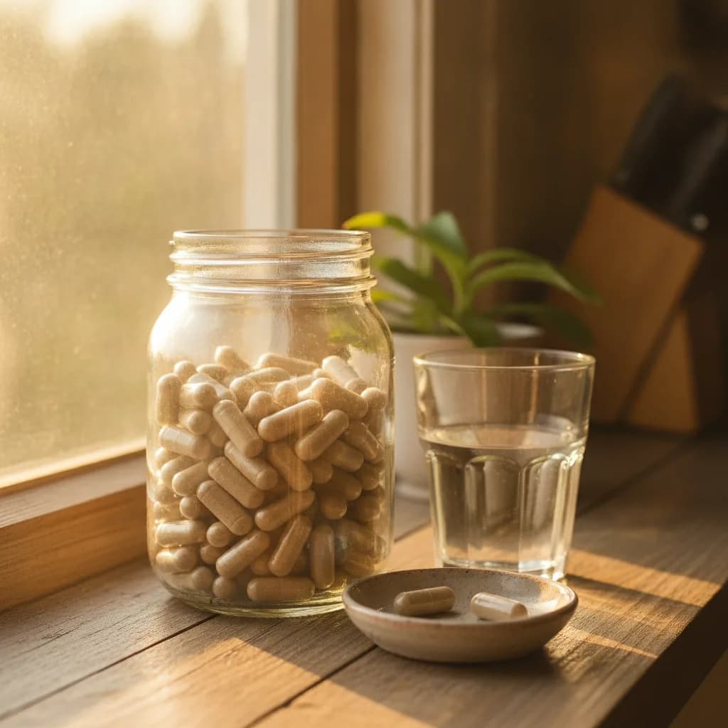 Glass jar of finished homemade mushroom capsules beside the empty pouch and capsule machine on a kitchen counter