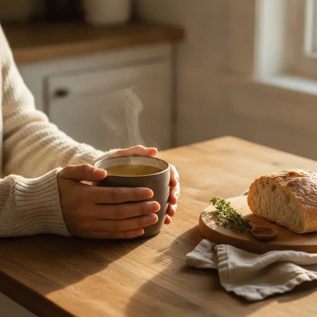 Mushroom bone broth ritual — warm bowl of finished broth with steam, herbs, and crusty bread