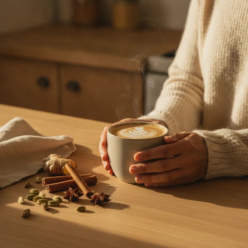 Mushroom chai latte in a hand-thrown ceramic mug beside scattered cardamom pods, cinnamon, and star anise on a wooden counter