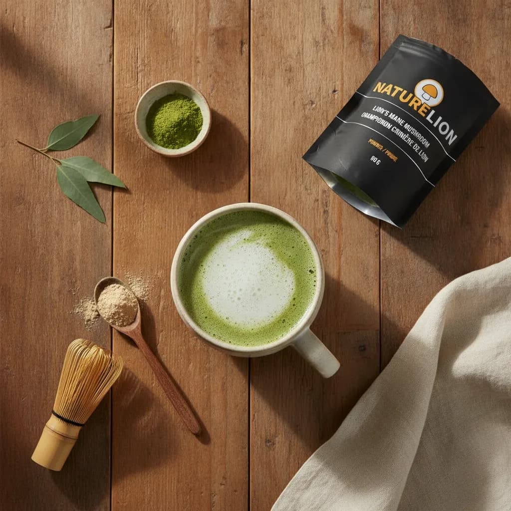 Mushroom matcha latte with powdered mushroom