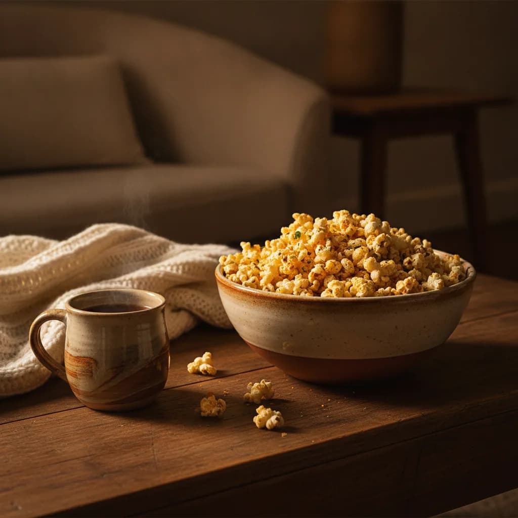 Big bowl of mushroom-seasoned popcorn on a coffee table with a soft throw blanket, movie-night cozy