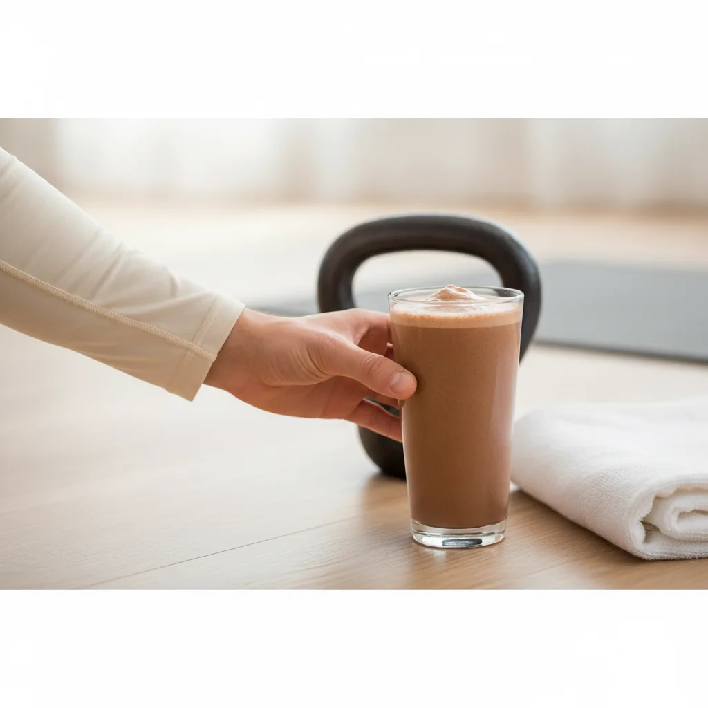 Athlete's hand reaching for a chocolate protein shake beside a kettlebell and towel in a sunlit home gym