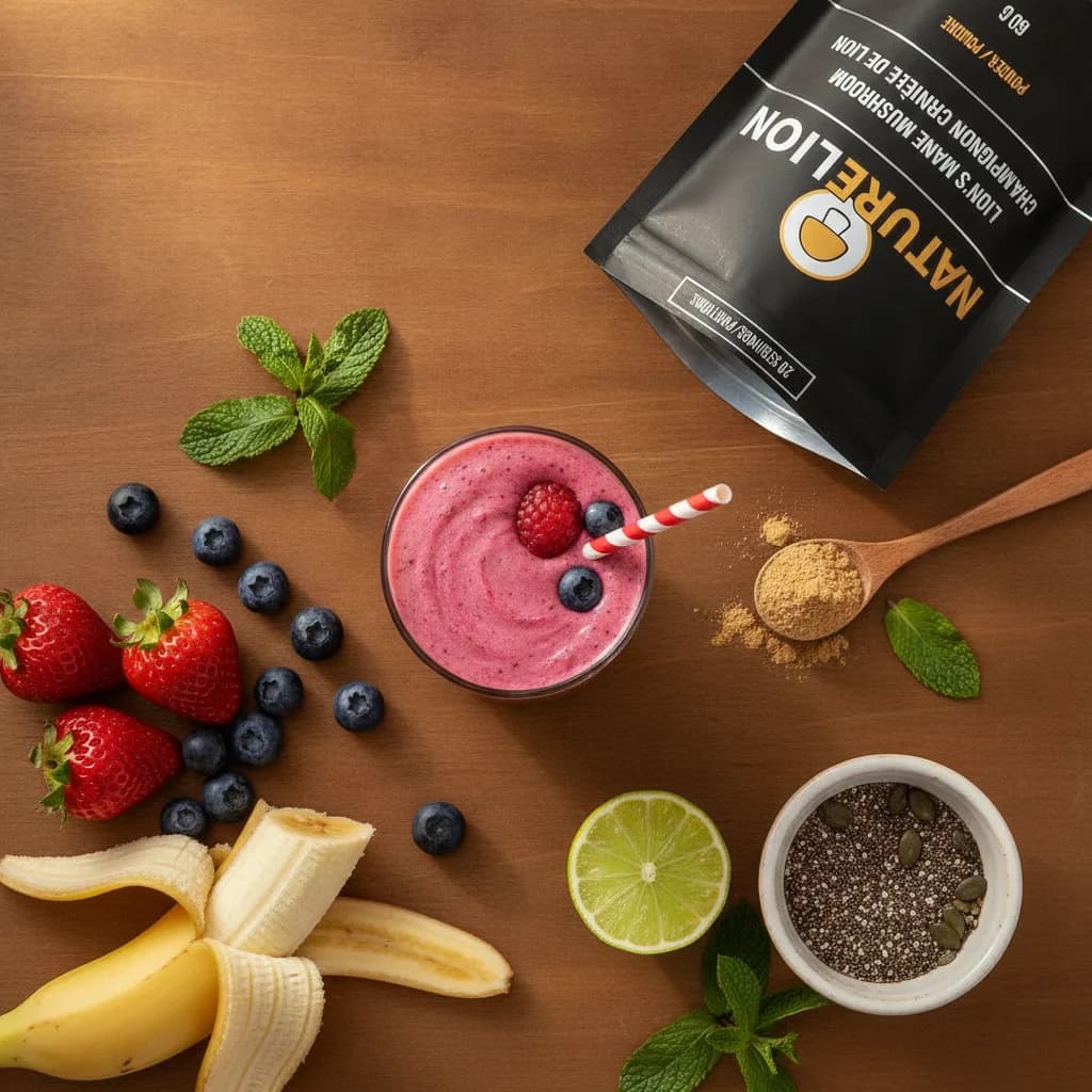 Mushroom powder smoothies in glasses