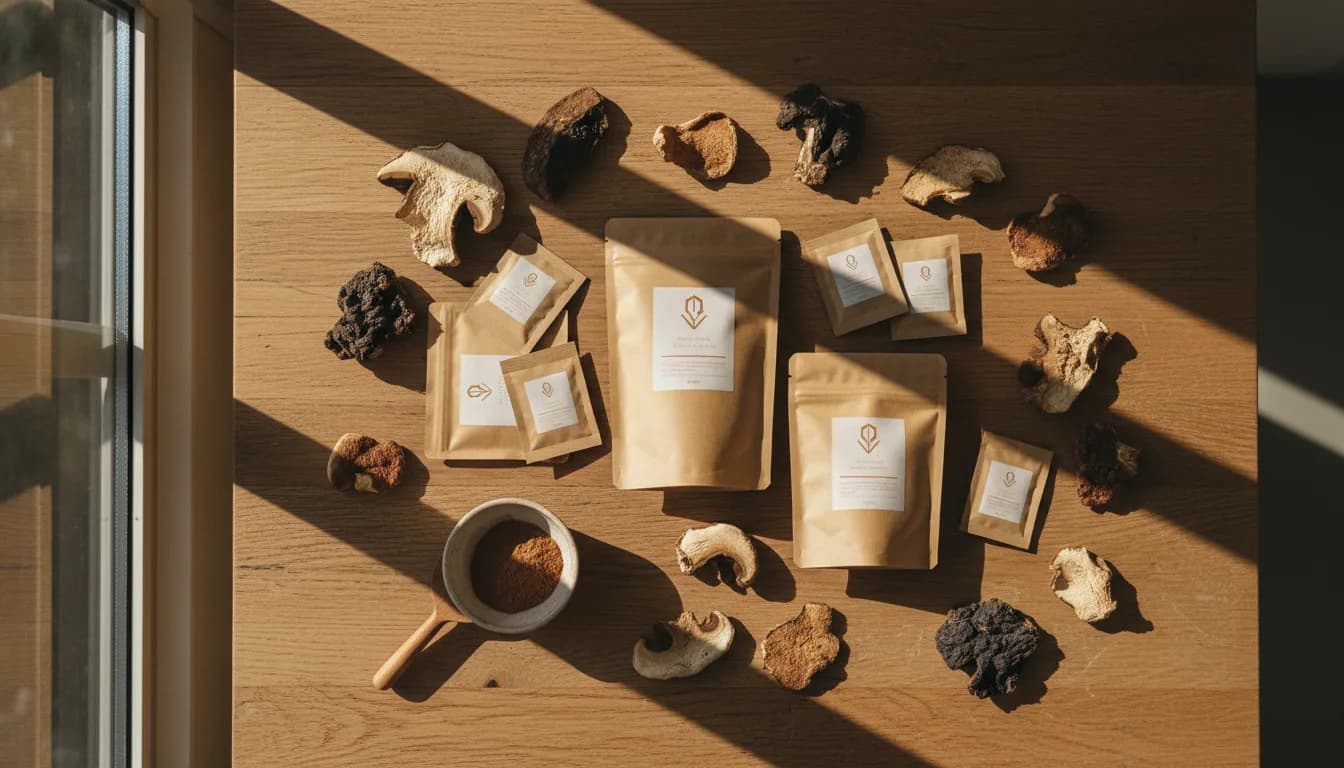 Private label mushroom product pouches and ingredients