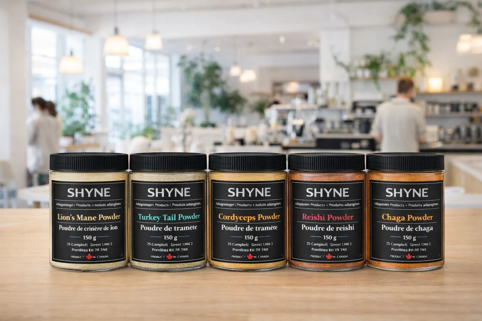 Adaptogen jars behind the bar