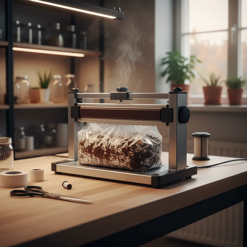 An impulse sealer creating a heat seal on a mushroom grow bag filled with sterilized grain