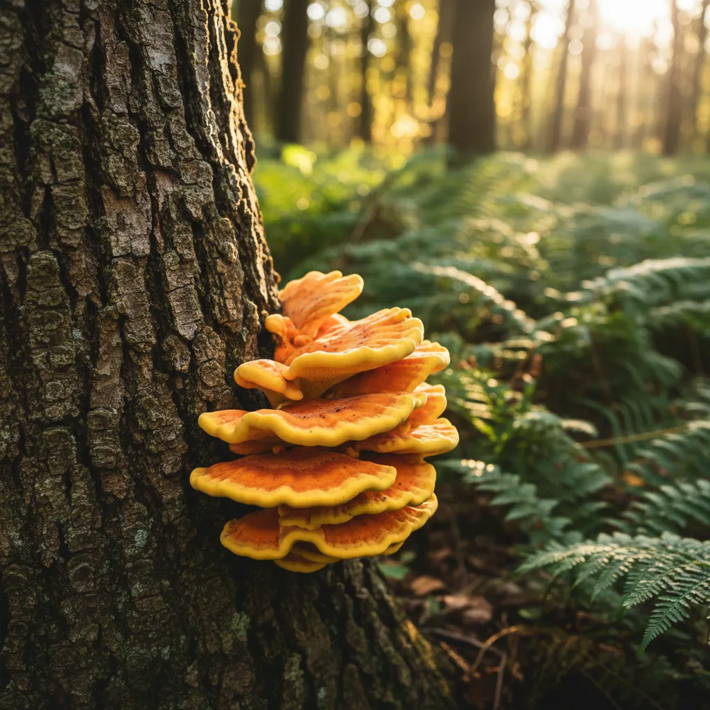Bright orange and yellow chicken of the woods mushroom growing on a hardwood tree