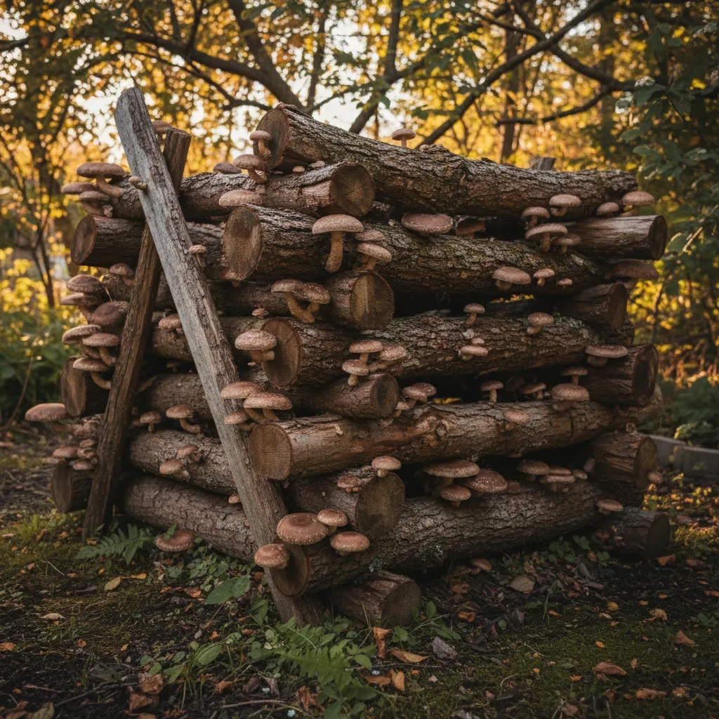 Shiitake mushrooms fruiting from inoculated hardwood logs stacked in a shaded forest setting