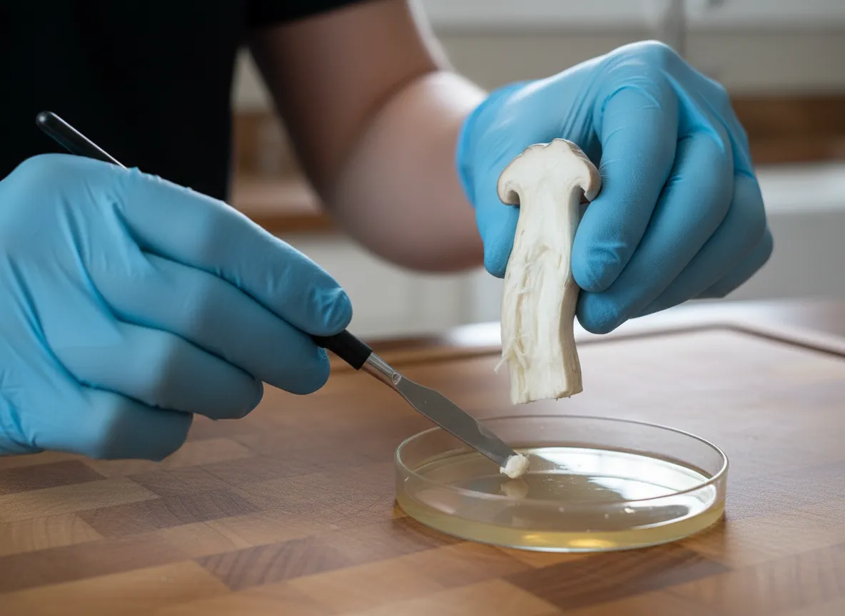 A fresh gourmet mushroom being prepared for tissue cloning onto an agar plate