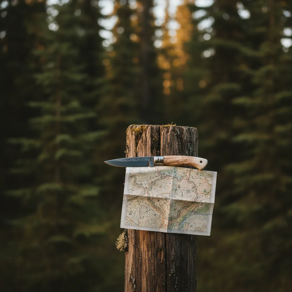 Simple foraging gear and a folded map on a boreal Alberta trail marker.