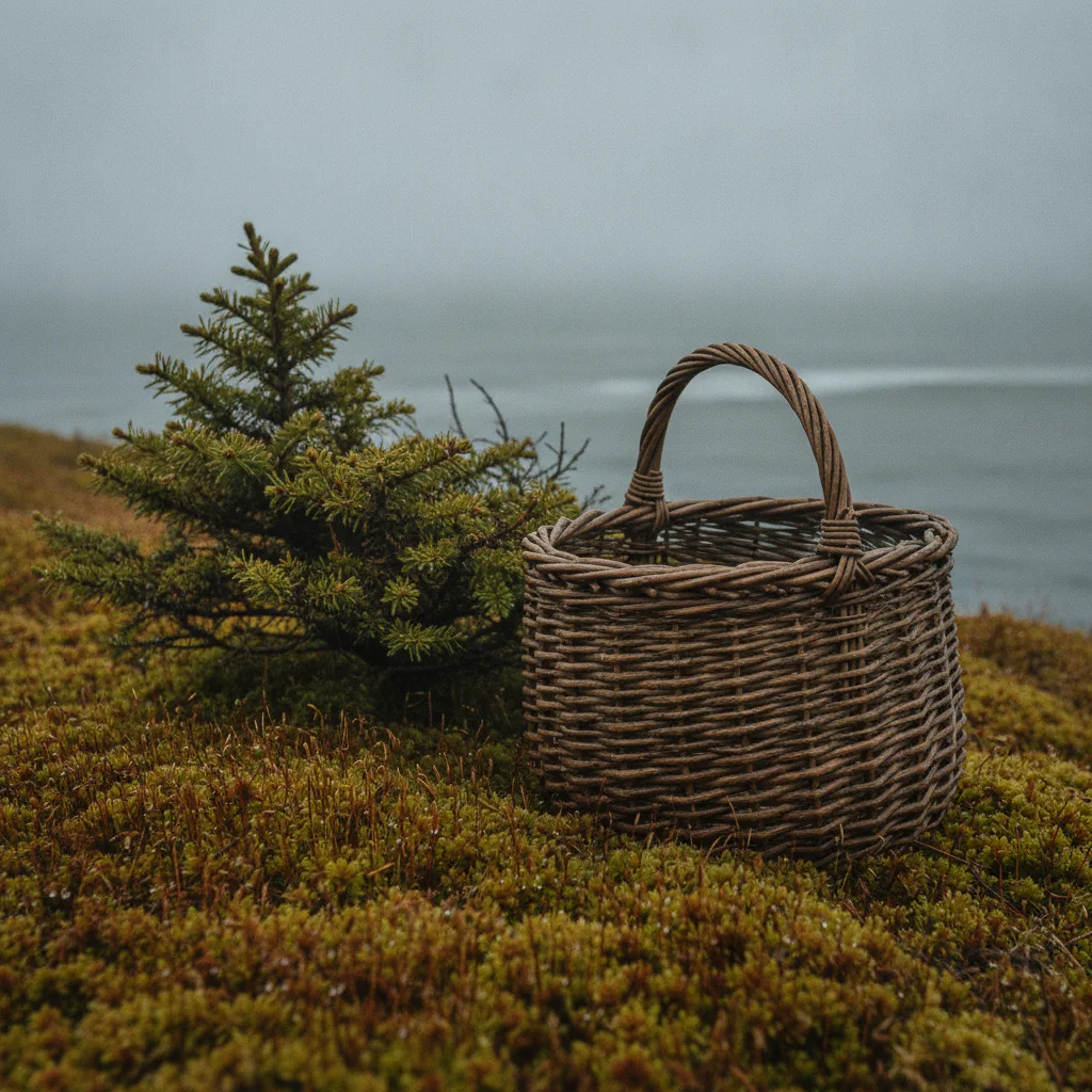 Wicker basket on moss beside wind-shaped coastal spruce in Atlantic Canada.