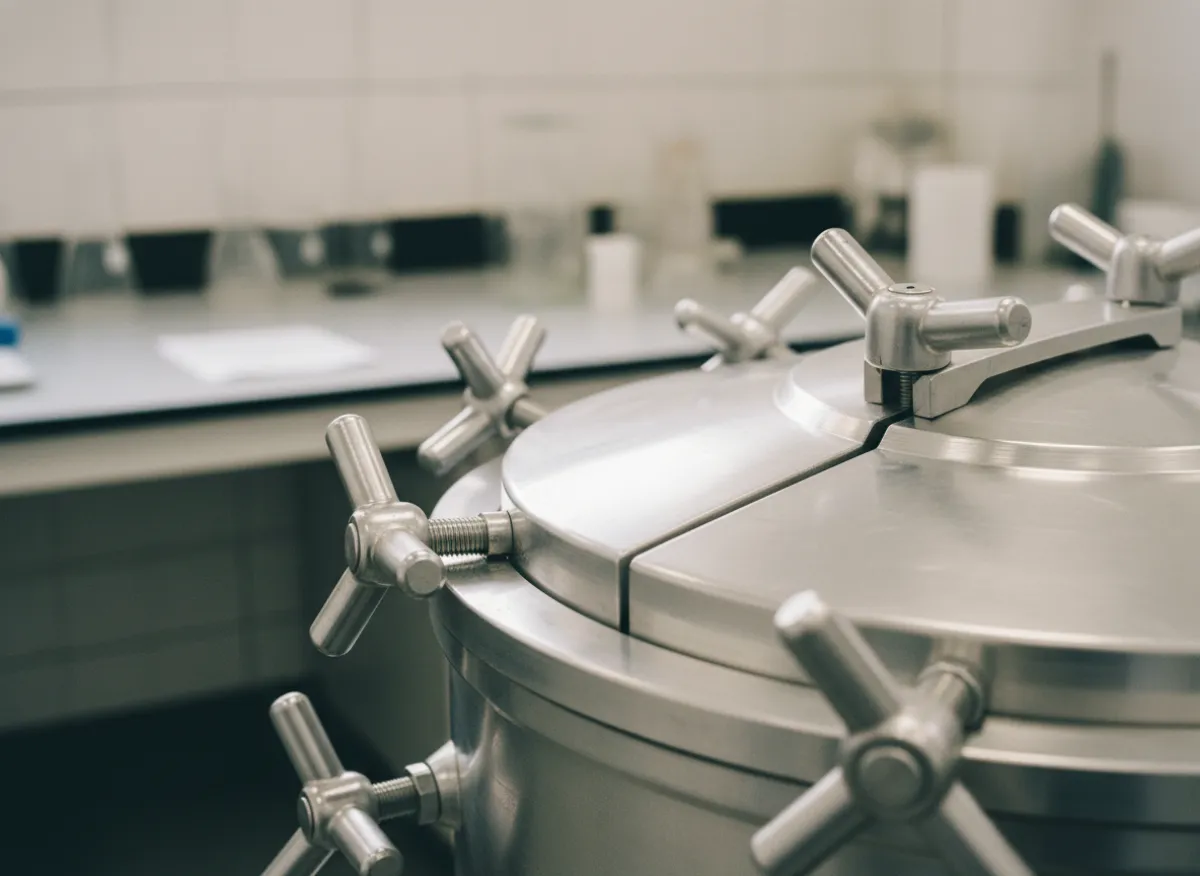 Close-up detail of an All American sterilizer metal-to-metal seal and wing nut clamps