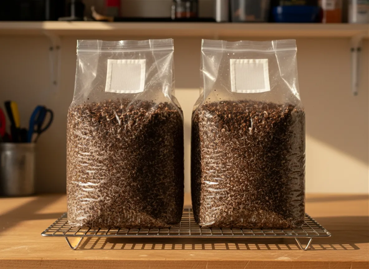 Filled and sealed grow bags ready for sterilization