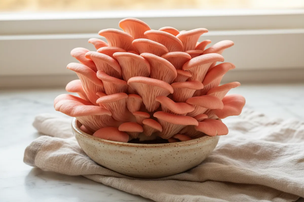Vibrant pink oyster mushrooms in a ceramic bowl