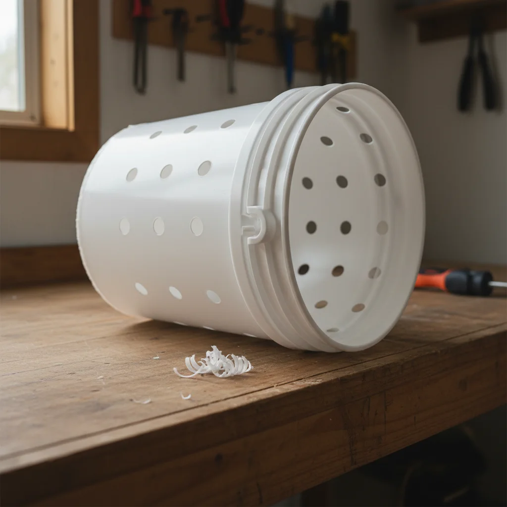 Food-safe bucket drilled with fruiting holes for low-tech oyster mushroom bucket cultivation.