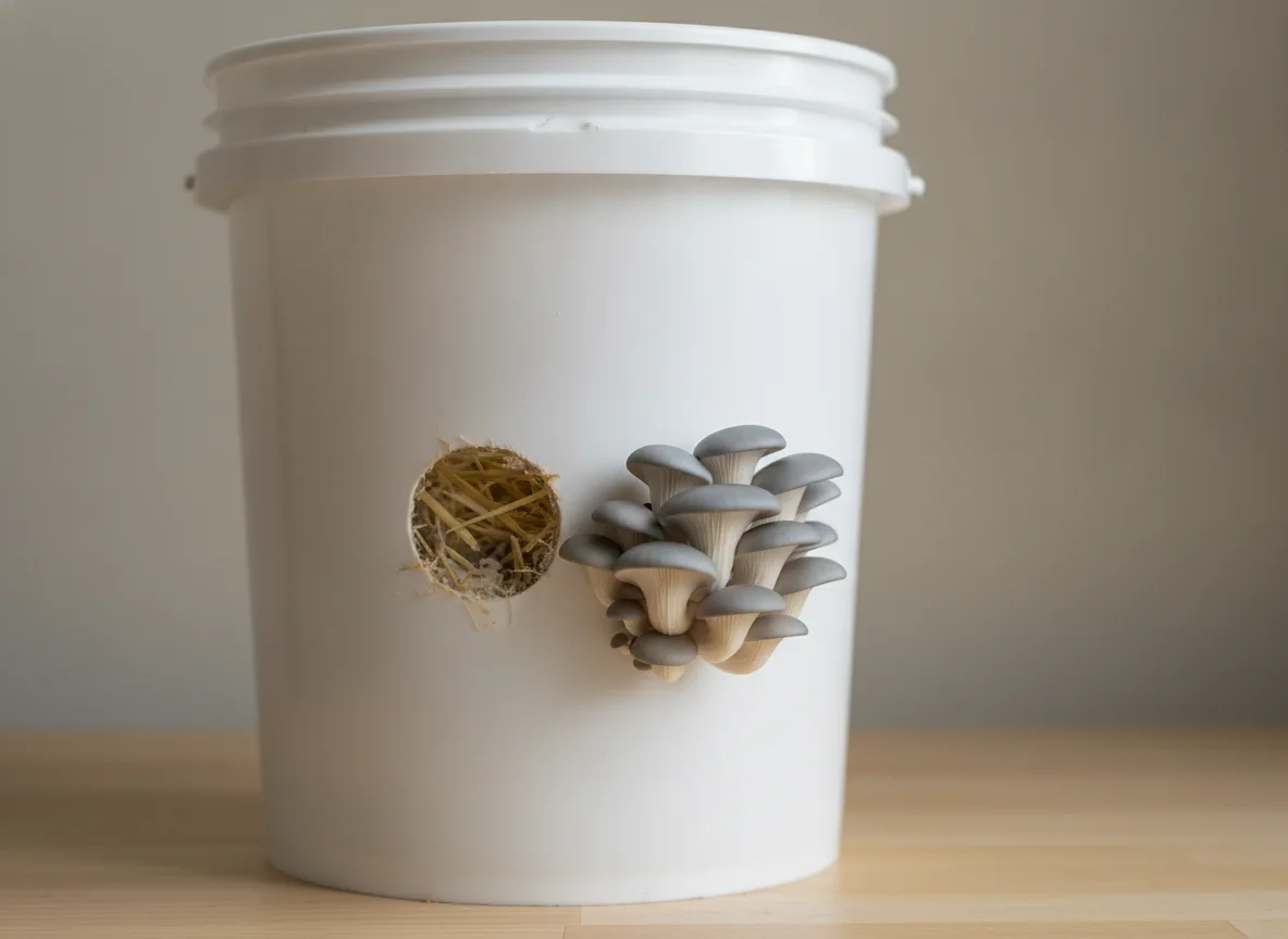 Blue oyster mushrooms fruiting from a straw-filled bucket during the harvest stage of bucket tek.
