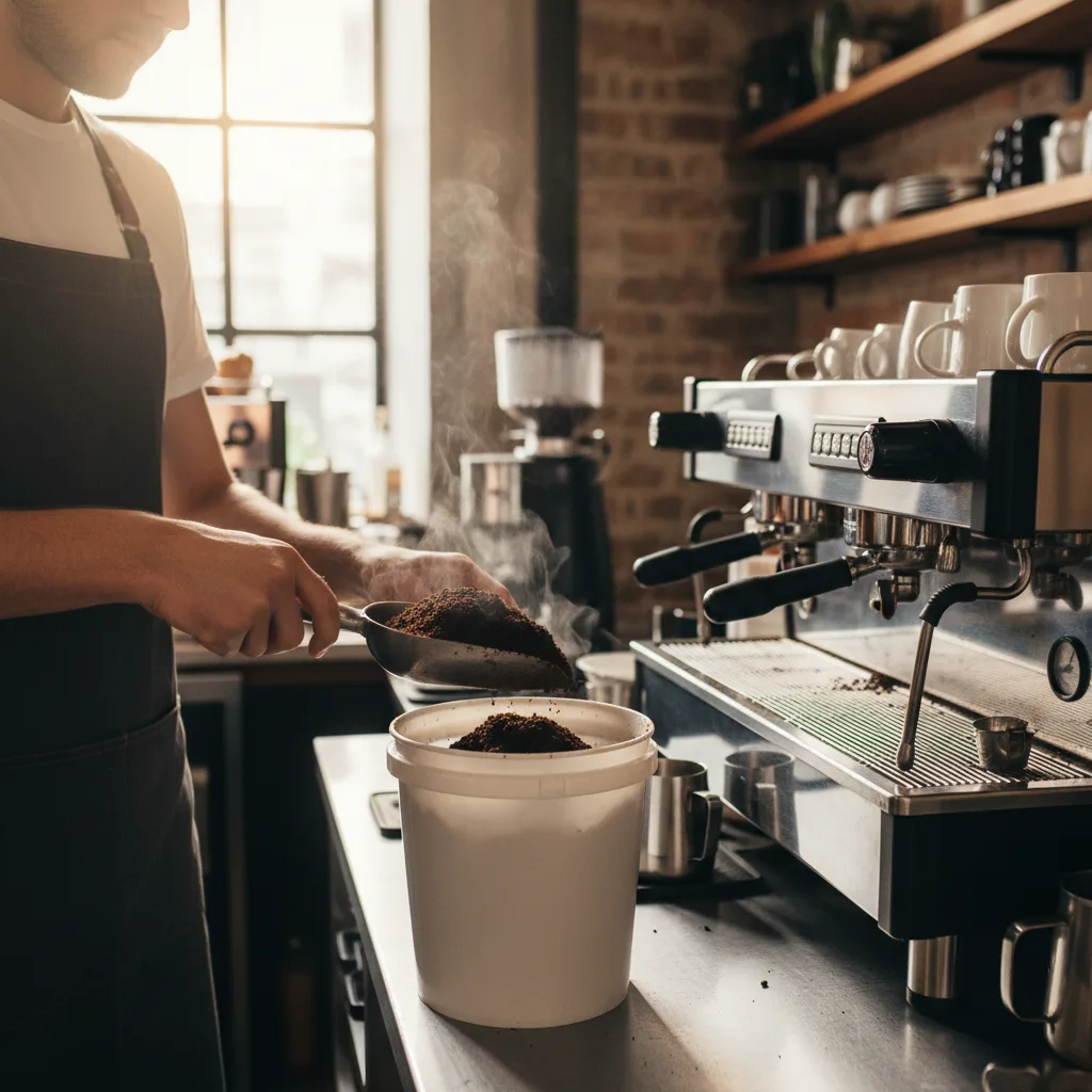 Collecting fresh coffee grounds from a café into a clean bucket