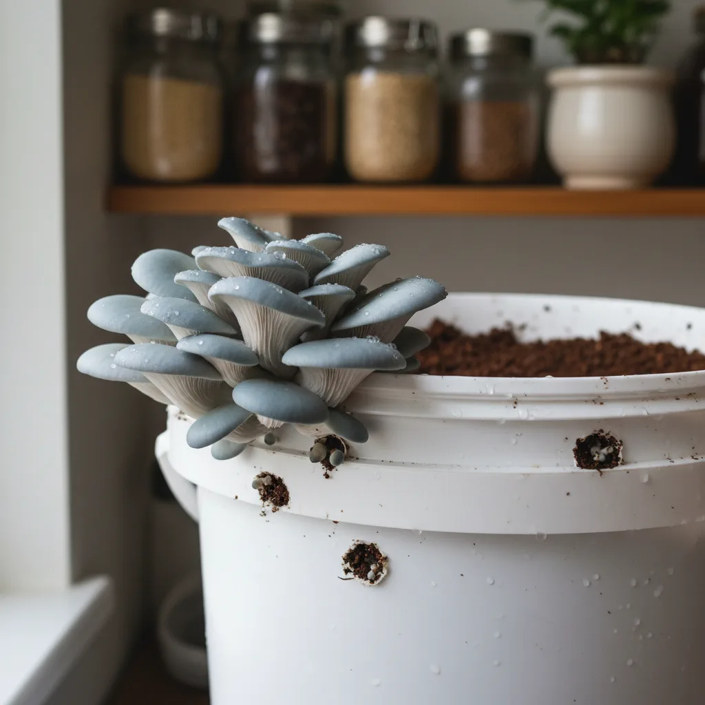 Blue oyster mushrooms fruiting from a bucket of coffee grounds on a kitchen counter