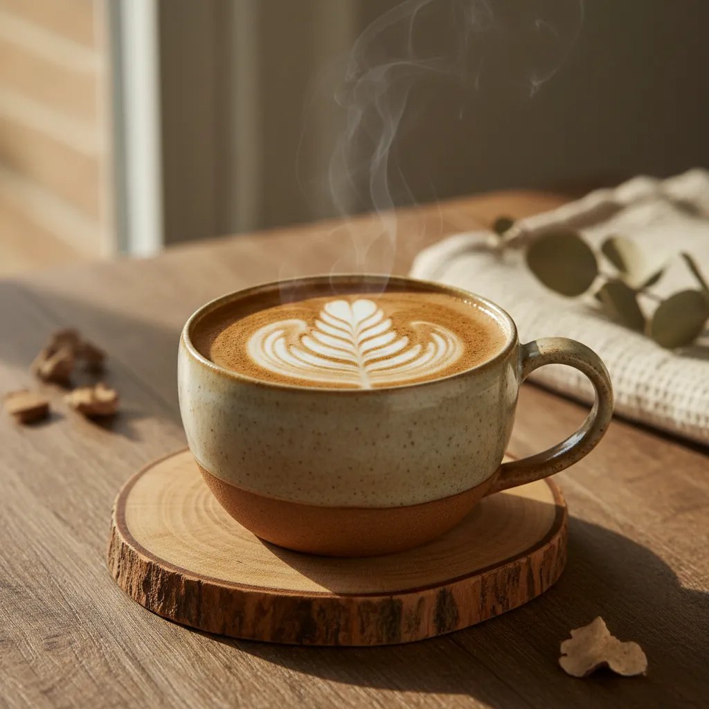 Mushroom coffee latte with leaf art — tastes like premium coffee