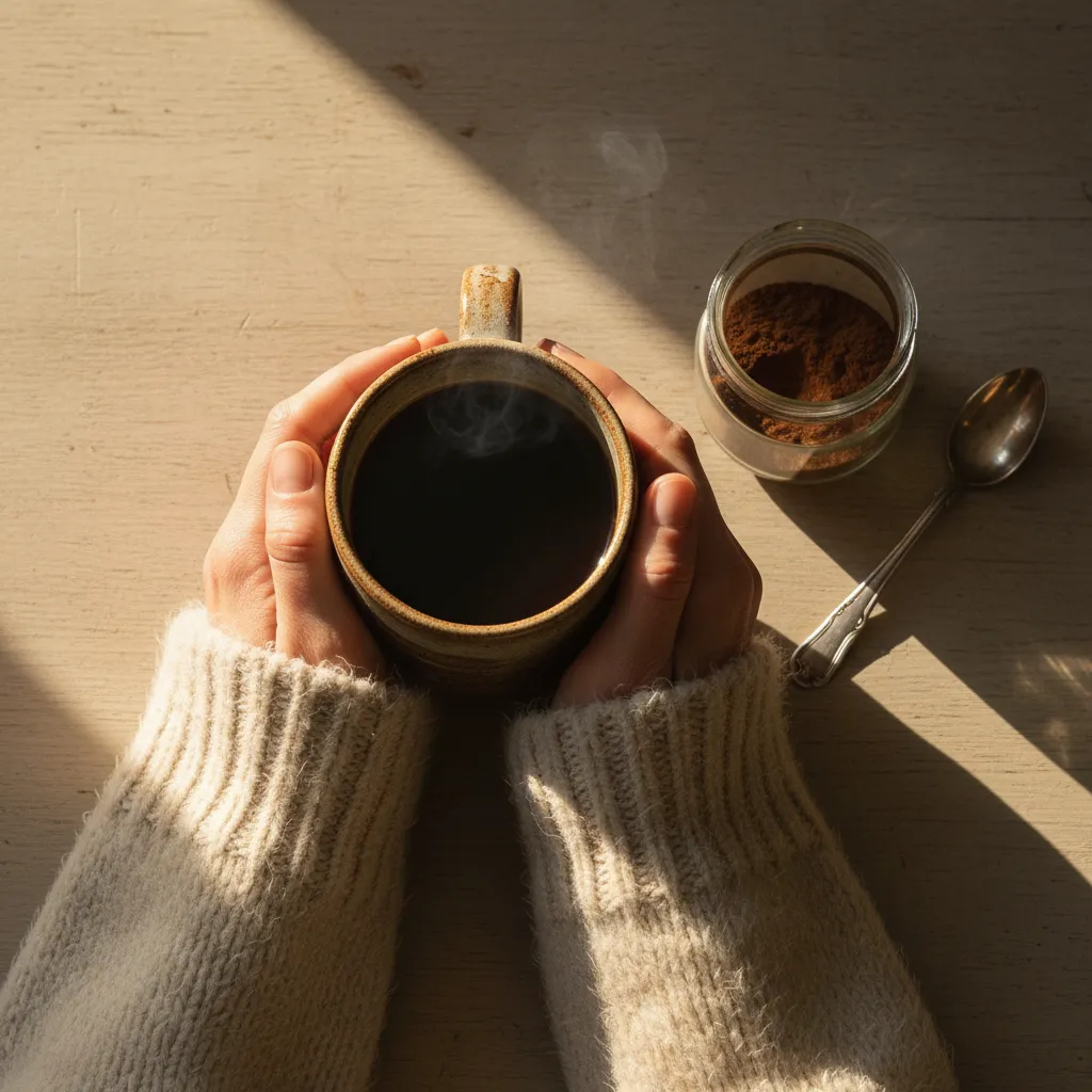 Hands cradling a warm cup of mushroom coffee — a mindful morning ritual