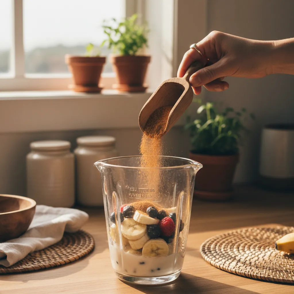 Adding mushroom powder to a pre-workout smoothie