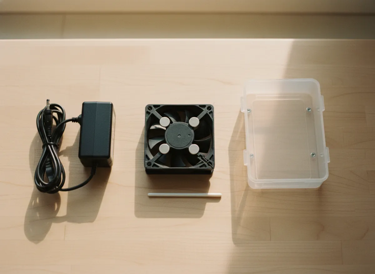 DIY magnetic stir plate components laid out on a workbench